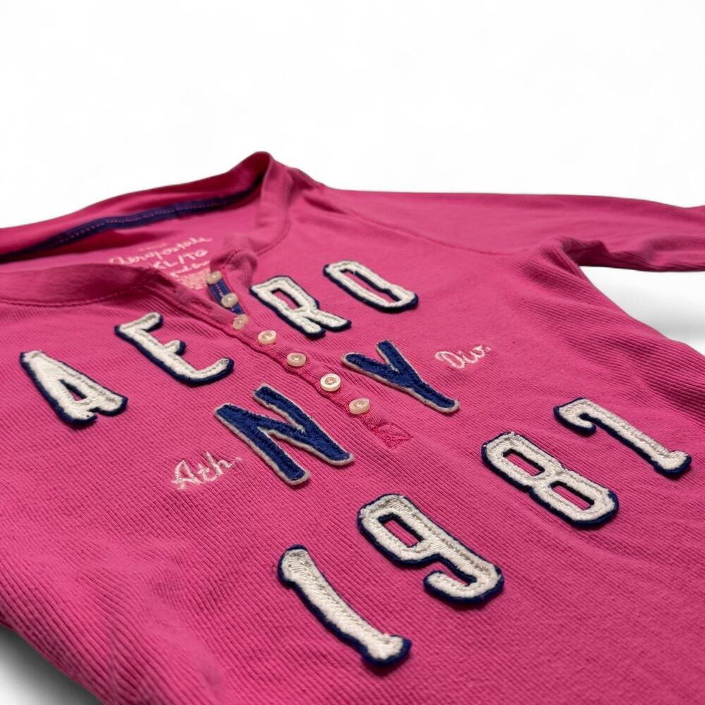 Y2K Pink Aeropostale Henley long sleeve shirt with white lettering size XL - Picture 3 of 7